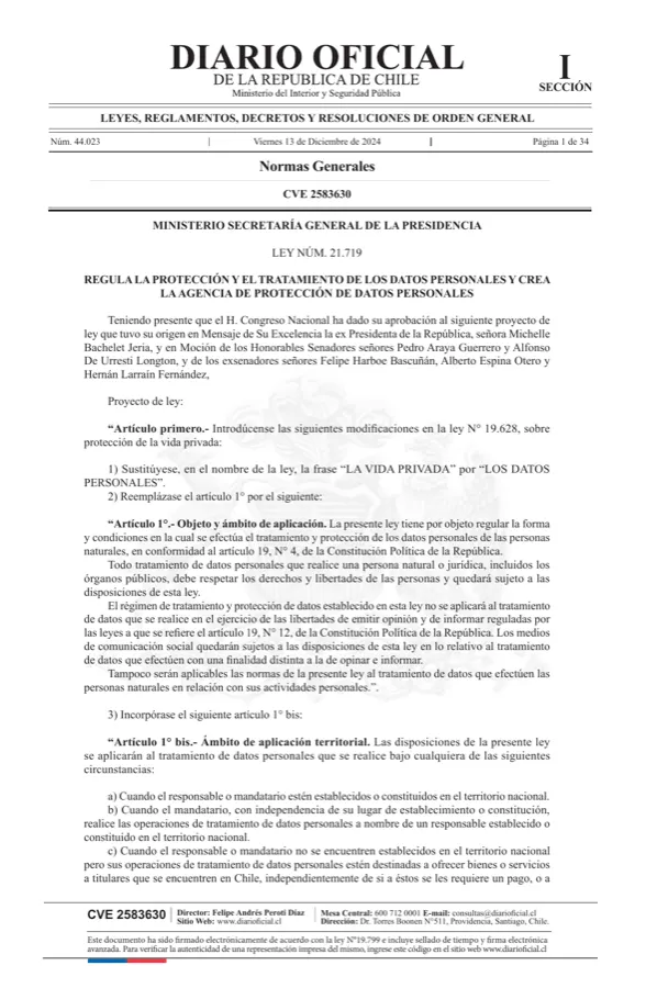 Primera página del Diario Oficial de Chile del 13 de diciembre de 2024, donde se publica la Ley 21.719 que regula la protección y el tratamiento de los datos personales.