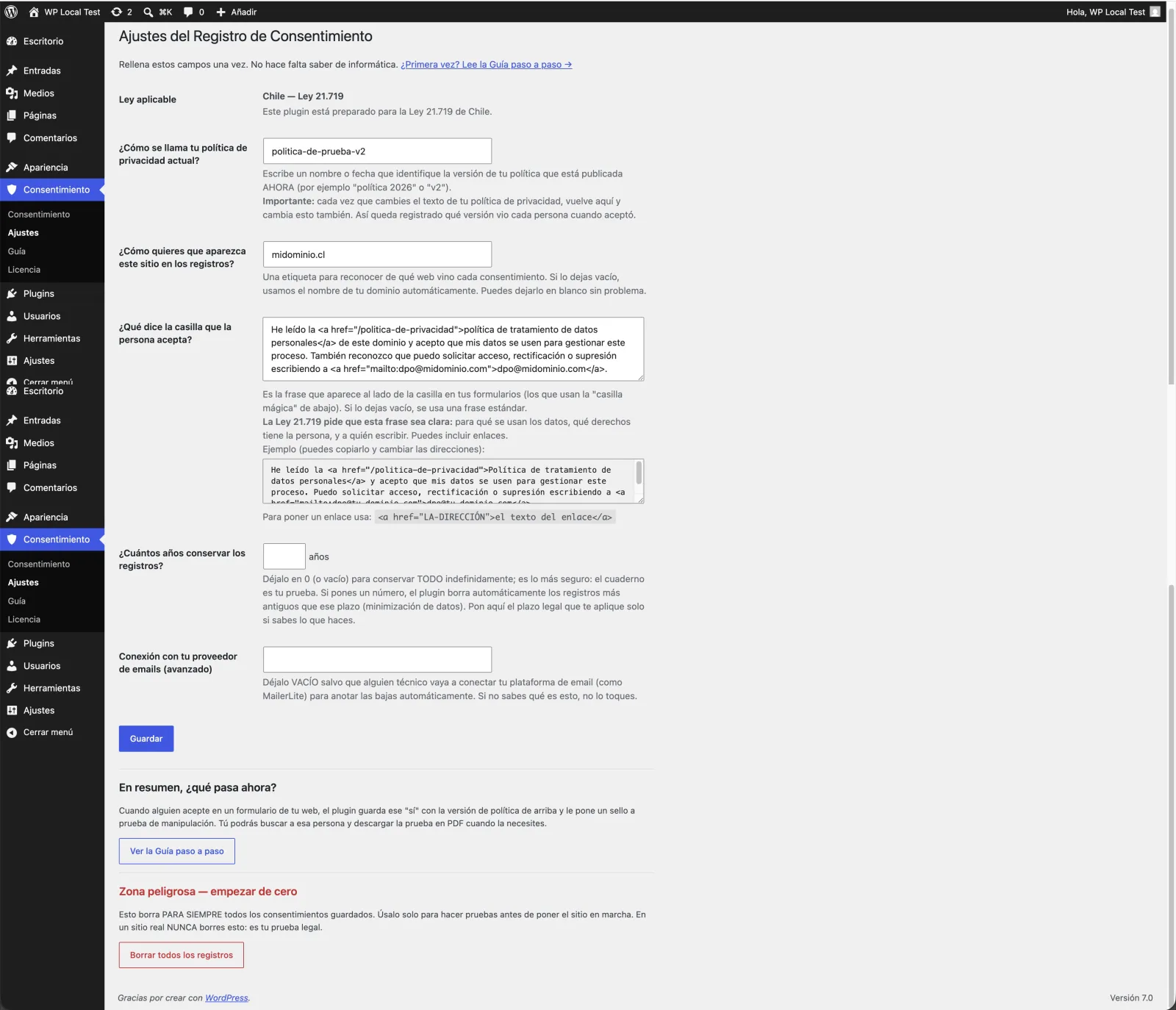 Pantalla de Ajustes del Registro de Consentimiento (ley Chile, versión de política, texto de la casilla)