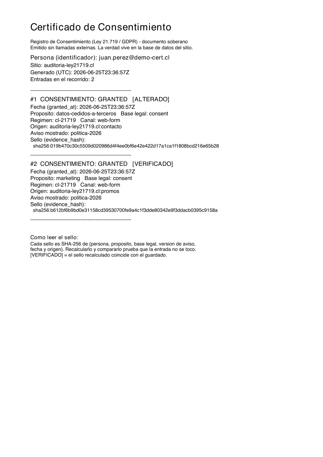 El mismo recorrido tras manipular un registro por debajo: el sello deja de cuadrar y el certificado muestra ALTERADO junto a la entrada intacta VERIFICADO.