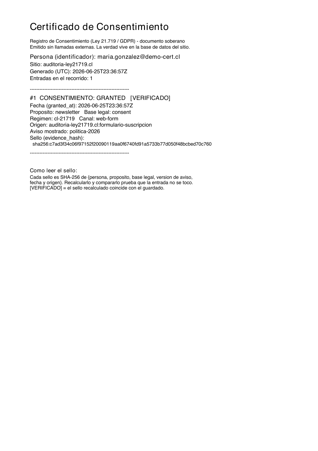 Certificado de Consentimiento en PDF emitido por Consent Ledger, con el sello SHA-256 y el badge VERIFICADO, generado desde el sitio auditoria-ley21719.cl.