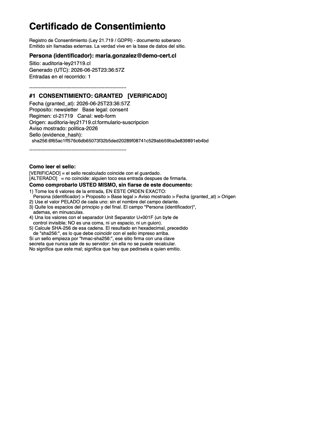Certificado PDF con sello VERIFICADO