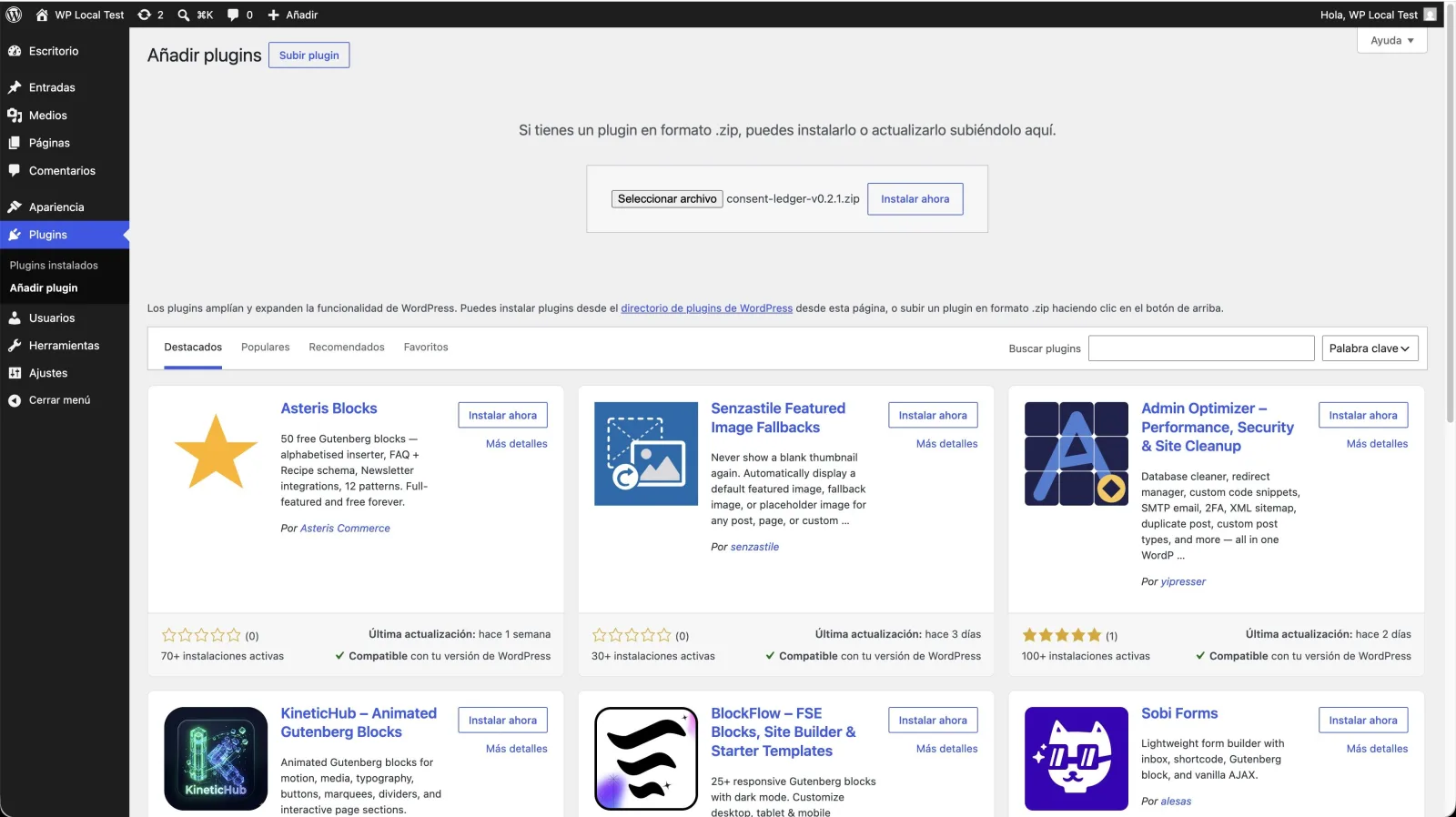 Subir el plugin ConsentFlow en WordPress (Subir plugin → Instalar ahora)