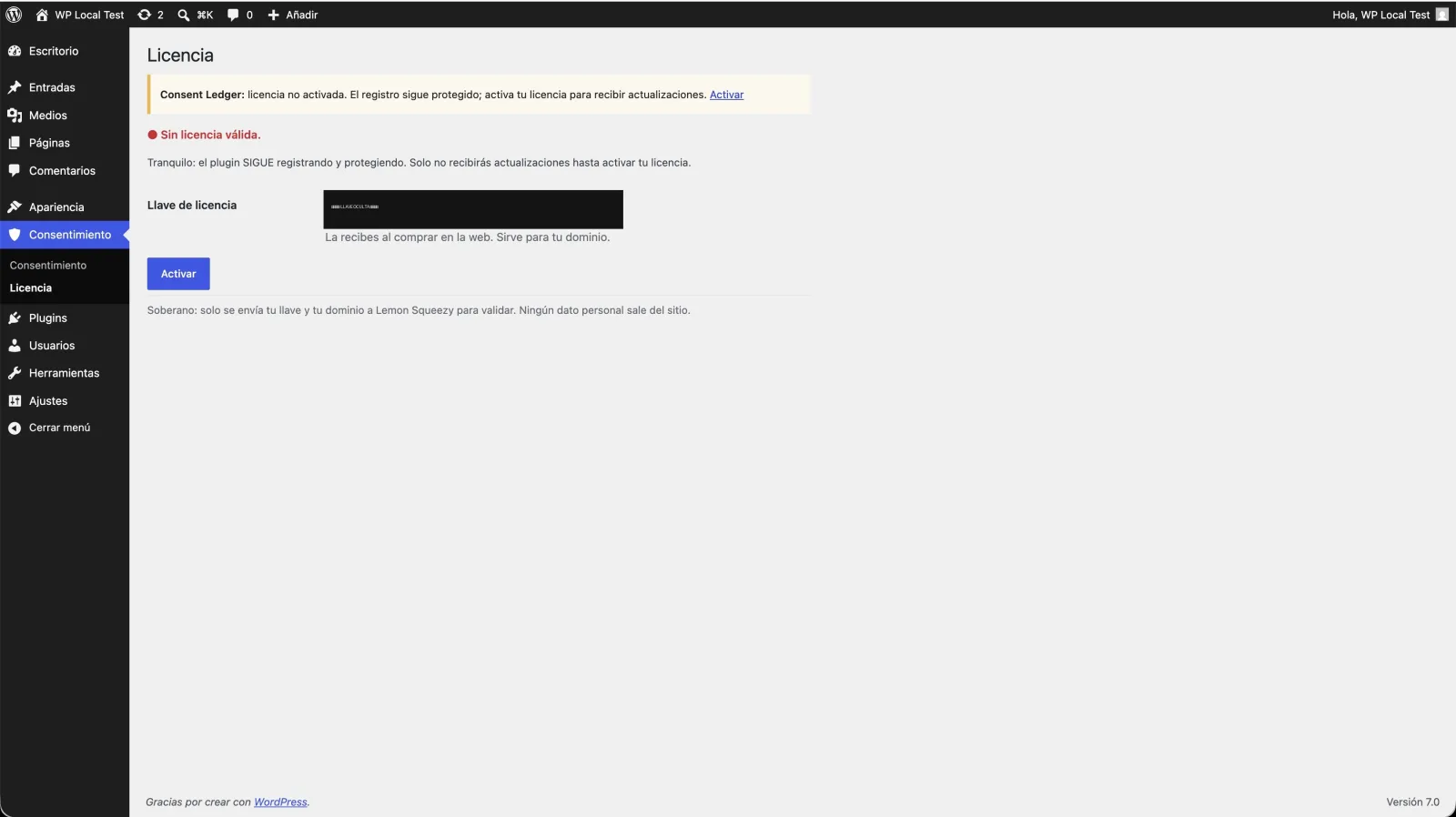 Pantalla de activación de la licencia del plugin