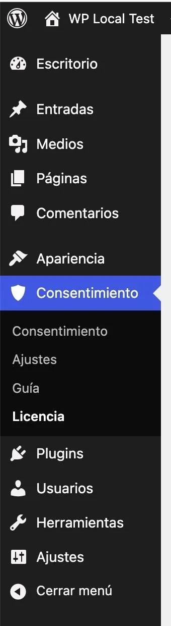 Menú «Consentimiento» en la barra lateral de WordPress