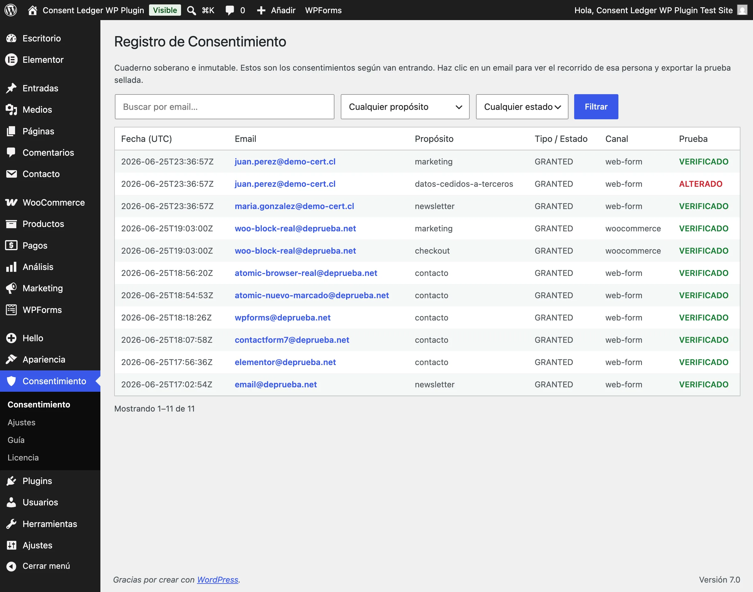 Panel del Registro de Consentimiento dentro de WordPress: lista de consentimientos con buscador, filtros y el sello VERIFICADO en cada fila.