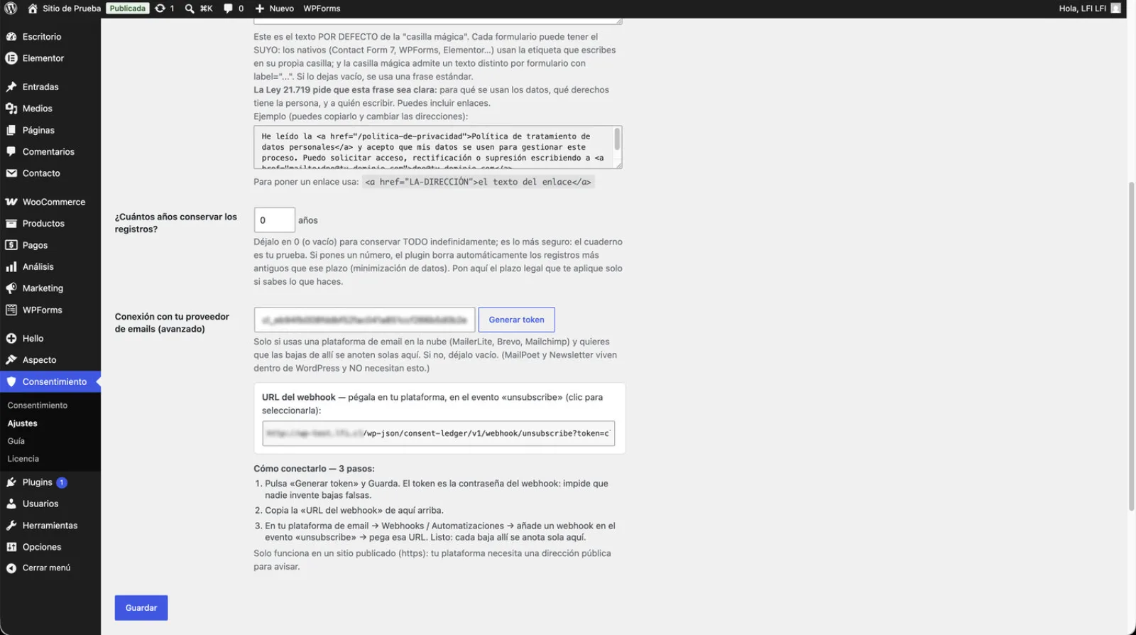 Ajustes del plugin: sección «Conexión con tu proveedor de emails», con el botón «Generar token» y la URL del webhook lista para copiar