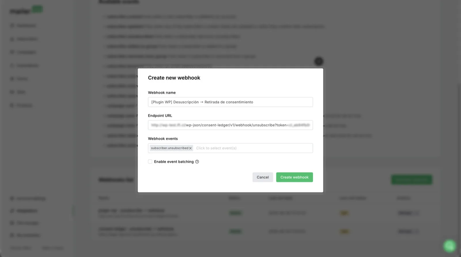 Creación de un webhook en MailerLite, en el evento subscriber.unsubscribed, apuntando a la URL del plugin